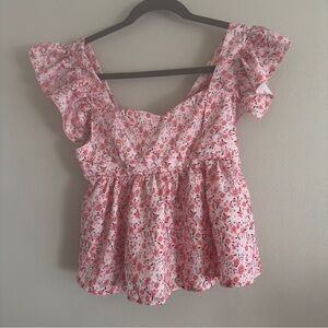 SHEIN Women’s XS Pink and White Flutter Sleeve Peplum Blouse